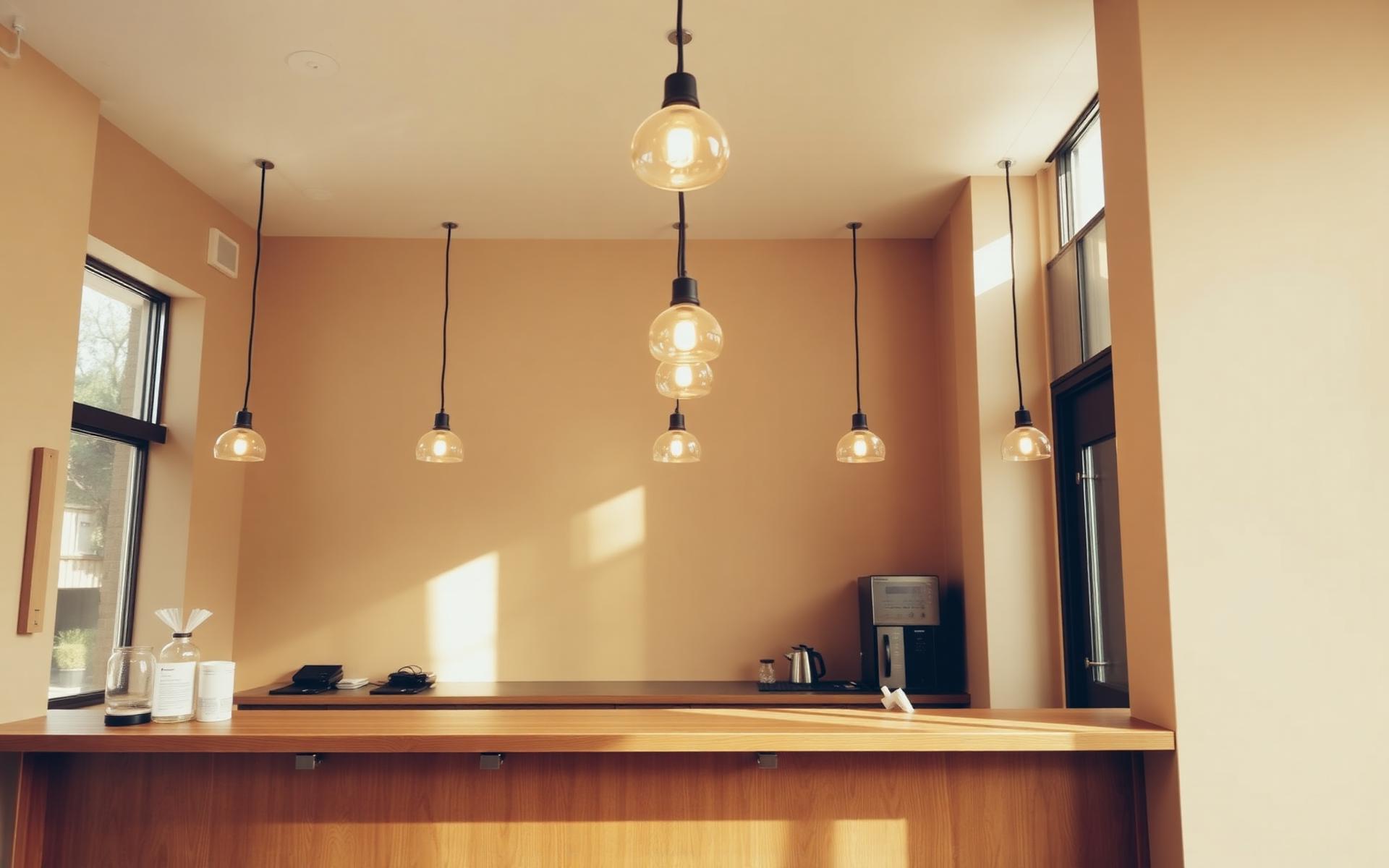 Interior of a Generosity Coffee location with pendant lights over a wooden counter